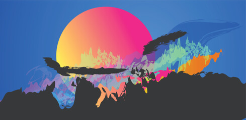 Wall Mural - abstract vector illustration of sunset in the sky with clouds 