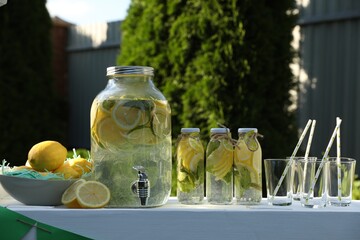 Poster - Lemonade stand with refreshing drink and fresh fruits in park