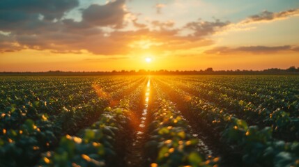 Poster - Golden Sunset Over Green Field of Crops