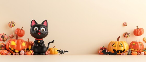 Colorful Halloween decoration featuring a playful black cat, pumpkins, and spooky elements to enhance festive spirit.