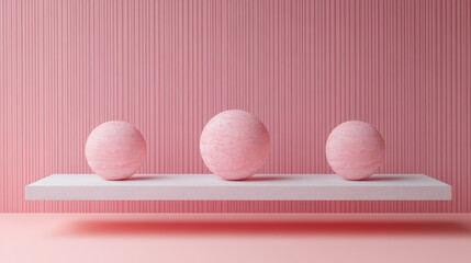 Minimalistic scene with three pink spheres on floating platform against striped background, pastel aesthetic, modern design, abstract art.