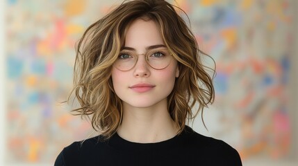 Portrait of a young woman with wavy shoulder-length hair wearing round glasses, standing against a colorful abstract background