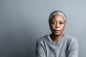 Silver background sad black American independent powerful Woman. Portrait of older mid-aged person beautiful bad mood expression girl Isolated on Background racism skin color depression anxiety fear b