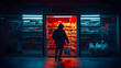 © john - Hooded Figure Exiting Convenience Store at Night Depicting Retail Robbery Under Red Light