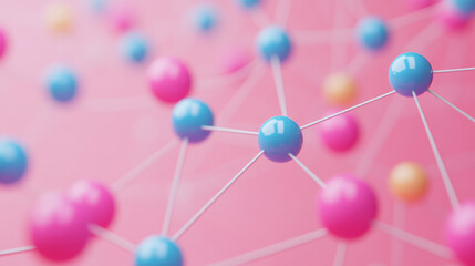 Wall Mural - abstract background with colorful pink and blue spheres connected by lines on a soft pink backdrop. 