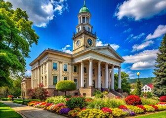 Historic neoclassical-style courthouse building with grand clock tower and columns in Hollidaysburg, Pennsylvania,