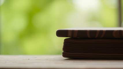 A stack of books sits on a wooden surface with a blurred green background.