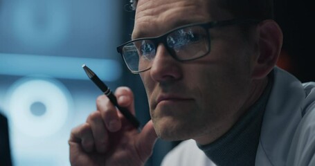Aufkleber - Modern Neuroscience Lab: Portrait of Scientist in Glasses Examining Brain Scans on High-tech Monitors, Focusing on Neurological Data. Advanced Medical Research and Innovation in Progress.