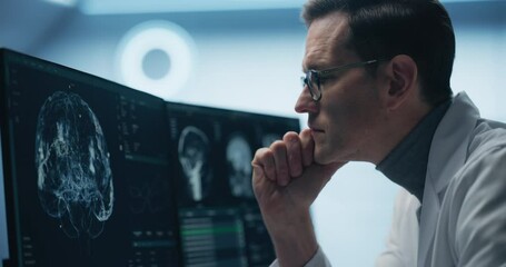 Aufkleber - Neurologist Examines Intricate Brain Scans on Multiple Screens. Advanced Neuroimaging Technology Reveals Complex Neural Pathways, Display Showing CT Scan in a Modern Medical Environment.