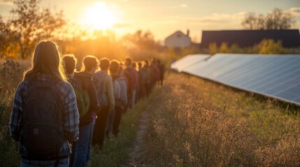 Poster - Group of People Walking Toward Solar Panels at Sunset