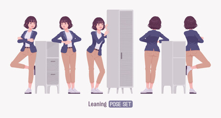 Wall Mural - Effective good looking business young woman standing lean pose set. Female tutor, friendly girl manager, saleswoman helper, millennial employer in formal wear, corporate leader. Vector illustration