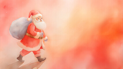 Santa Claus walking with a large bag on a colorful festive background and copy space