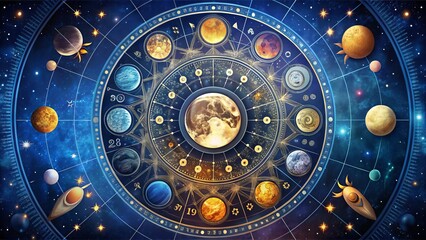 illustrated lunar calendar featuring astrological signs, moon phases, and celestial bodies, set agai