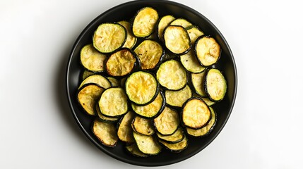 Wall Mural - Crunchy zucchini chips in black bowl on white background