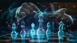 © Yuliia - futuristic chess game with glowing digital chess pieces representing strategy and innovation. The player's hand hovers over the board, symbolizing decision-making and strategic planning in a digital