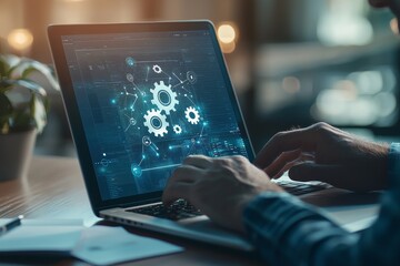 Leinwandbilder - Concept of automatic workflow optimization using a laptop. A businessman uses the laptop with an automation icon on the virtual screen.