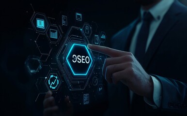 Poster - The businessman touches the SEO icon to analyze SEO search engine optimization. Promote your website's ranking in search engine results and optimize your website to rank better.