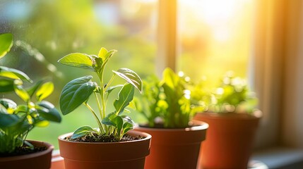 Wall Mural - Green Plant Growing in a Brown Pot by a Window