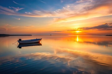 Sticker - seascape, outdoor, light,water, holiday, escape, dusk, boat, landscape, serene, evening, A serene body of water reflecting the light of the setting sun with a small boat in the distance