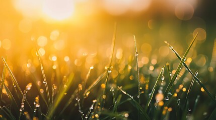 Poster - Dew Drops on Blades of Grass at Sunset