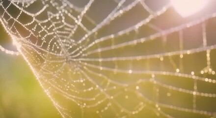 A delicate, intricate spider web covered in dew, shining in the morning light.