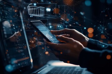 Leinwandbilder - The concept of e-commerce in business is shown by a person using a smartphone and laptop with an icon for an online shopping cart on a virtual screen. The concept includes e-commerce stores, online