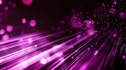 Abstract background with vibrant purple light rays and scattered bokeh lights, illustrating a glowing digital data stream against a black backdrop. This dynamic scene represents modern digital technol