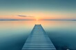 © Olsek - Idyllic sunset view over calm water from a wooden dock. Soft colors fill the sky, creating a peaceful atmosphere. Ideal for relaxation and inspiration. Generative AI