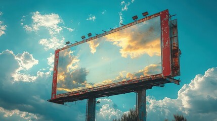 A large billboard with a blank canvas against a blue sky with clouds.