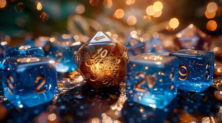 Wall Mural - close-up of glowing, transparent polyhedral dice used in tabletop role-playing games, resting on a textured surface. The dice, illuminated with soft light, evoke a magical and fantasy-inspired 