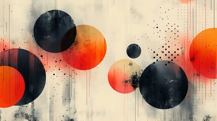 Wall Mural -  modern abstract design featuring bold black and orange circles with textured gradients, set against a neutral background with geometric elements. Perfect for contemporary art, digital