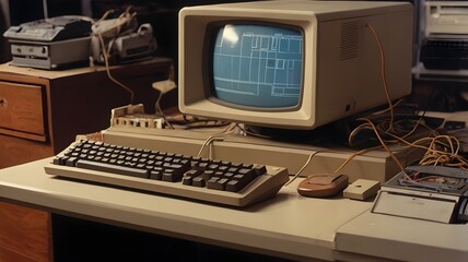  old computer with a screen and keyboard from the 1980s

