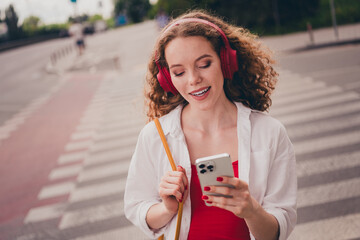 Poster - Photo of cute adorable girl earphones listen music cross road wear white shirt enjoying free time sunny weather outdoors modern city