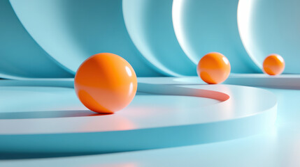 Wall Mural - modern abstract background with smooth curves and vibrant orange spheres on a pastel blue surface, c