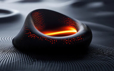 Wall Mural - abstract of a futuristic object with glowing orange core and intricate surface details on a wavy dar