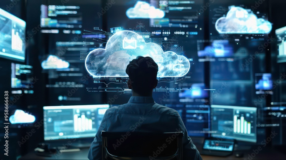 Rear view of a programmer working on code with a cloud computing ...