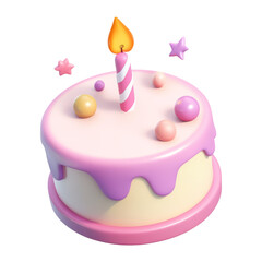Wall Mural - pink birthday cake with candle 3d render icon isolated on transparent background cutout