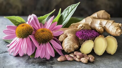 Wall Mural - Pink Echinacea, Ginger Root and Purple Flower Still Life