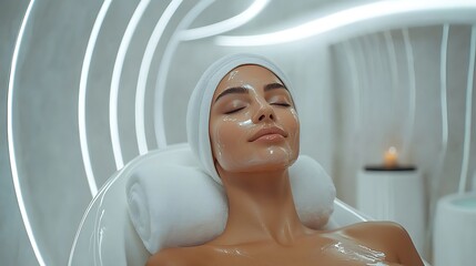 Woman relaxes with a face mask at a spa salon, surrounded by tranquility and care.