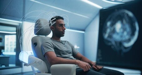 Aufkleber - In a High-tech laboratory Portrait of Male Patient Wearing Headset for Advanced Brain Scanning With Futuristic Neuroimaging Technology, Diagnose, Treat Neural Disorders, Augmenting Cognitive Function