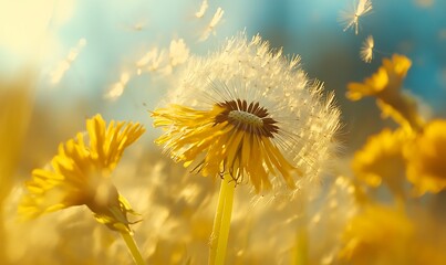 Wall Mural - Dandelion with Seeds Blowing in the Wind