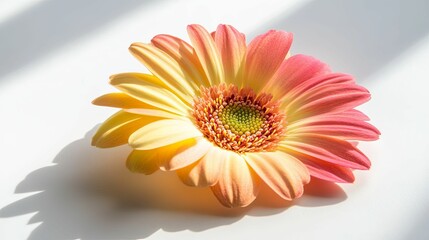 Wall Mural - A Single Pink and Yellow Gerbera Daisy on a White Background with Shadows