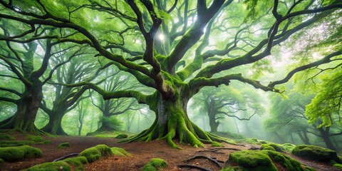 Canvas Print - Majestic ancient trees stand tall in the serene Rominten Forest, their gnarled branches tangled in misty fog,