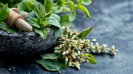 Canvas Print - Green Herbs and Mortar on a Black Surface