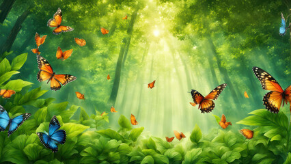 butterflies dancing in the forest in morning and green view