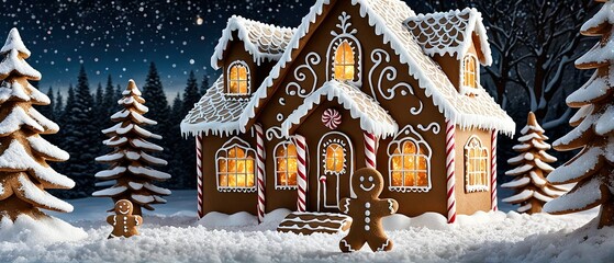 Wall Mural - A gingerbread house sits in a snowy forest at night with lit windows and a gingerbread man standing nearby.