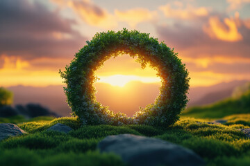 Wall Mural - A circular shrub formation perfectly frames a breathtaking sunset over a lush green landscape, with a vibrant sky full of warm colors in the background.