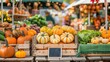 © ItziesDesign - A vibrant Thanksgiving farmer's market with stalls full of fresh produce, pumpkins, and seasonal decorations, lively and colorful scene