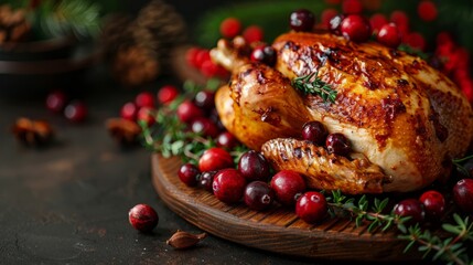 Christmas chicken with thyme and cranberries on a wooden table. Christmas atmosphere.