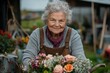 © Milos - An elderly woman proudly displays her floral creations at a market stall, saturated with colorful flowers, exuding a sense of self-accomplishment and joy.
